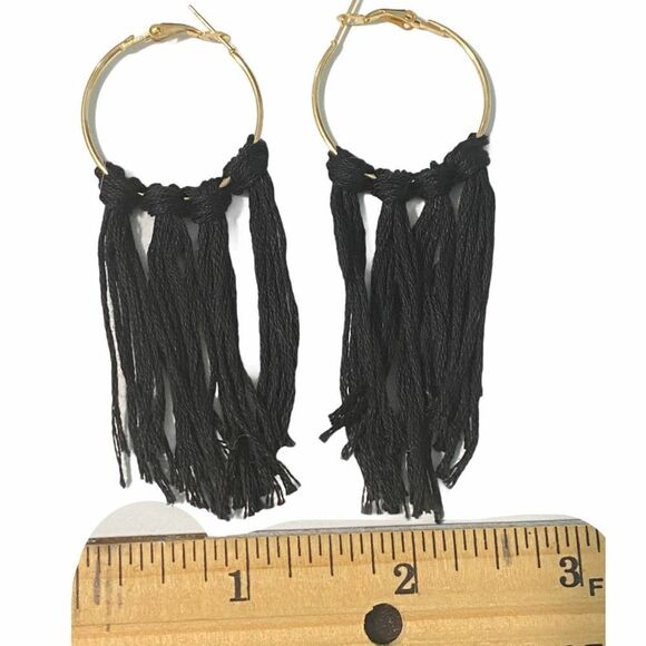 Bohemian Boho Fringe Tassel Hoop Earrings Black Tassels Statement Earrings Small - Picture 3 of 3